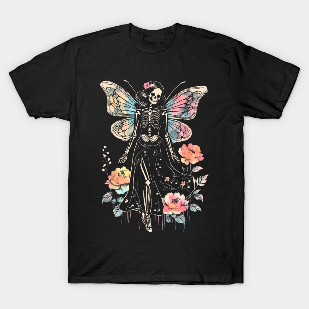 Goth Roses Butterfly Skeleton Fairy T-Shirt by The Full Moon Shop